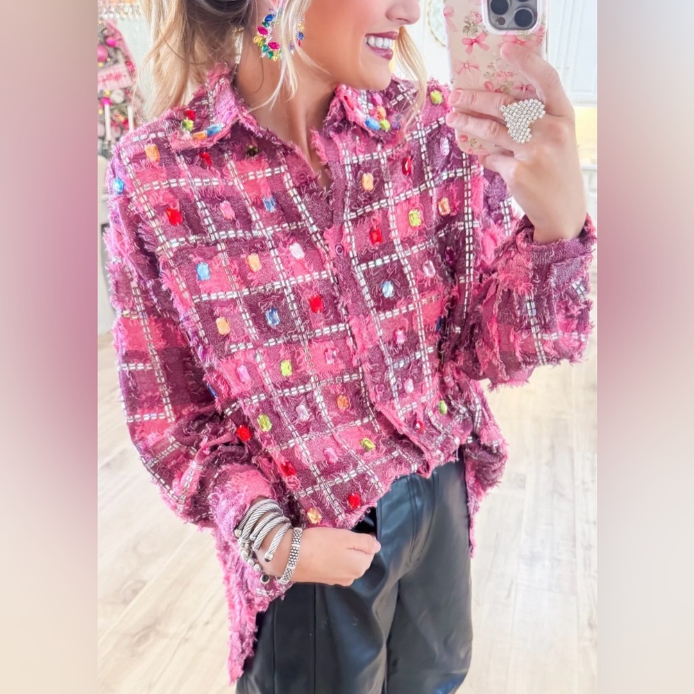 Chic Pink Plaid Women's Button Down Shirt